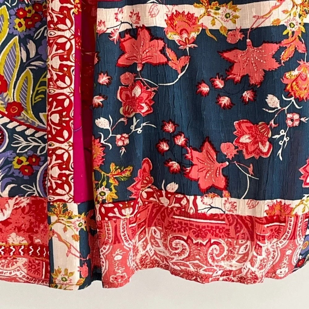 Jones New York Patchwork Floral Paisley Boho Blouse 3/4 Tie Sleeve 1X